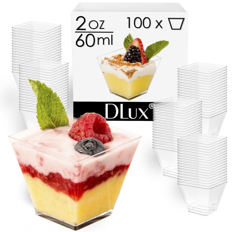 DLux 100 x 2oz Square Mini Dessert Cups (No spoons), Clear Plastic Parfait Appetizer Cup - Small Reusable Serving Bowl for Tasting Party Desserts Appetizers - With Recipe Ebook - Image 2